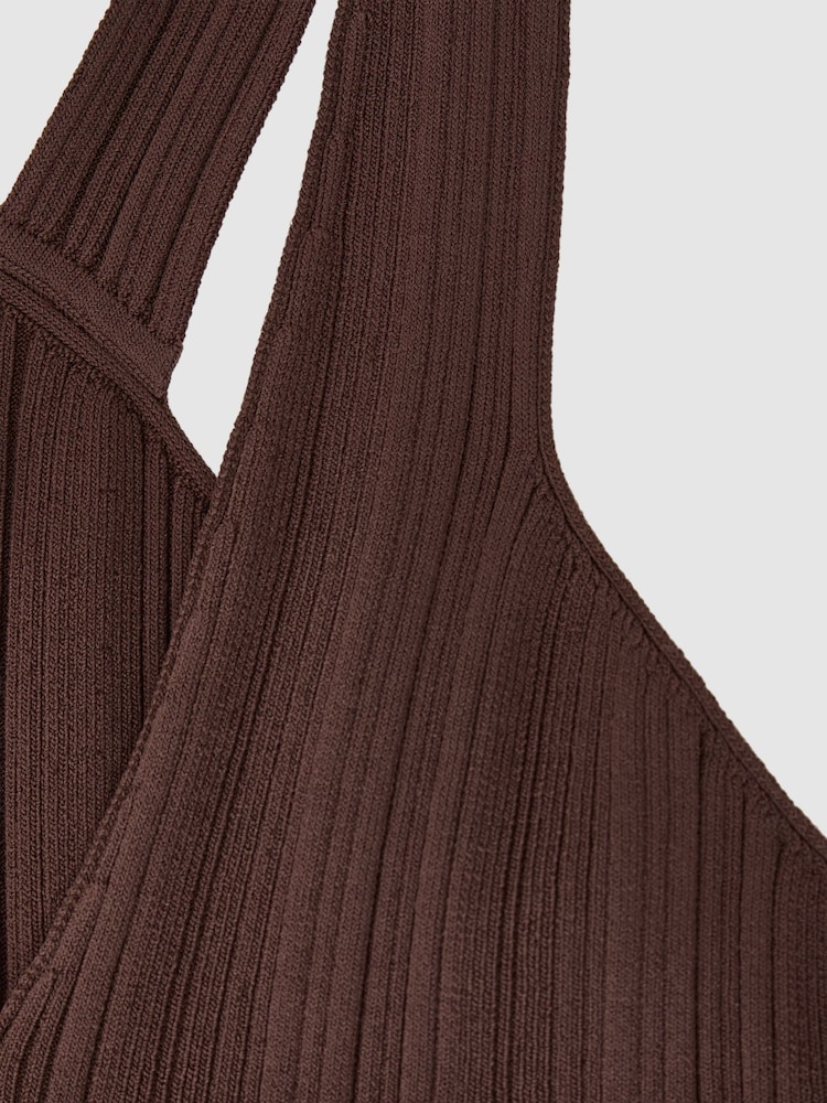 Reiss Chocolate Brown Harris Pleated Knit V-Neck Vest - Image 6 of 6