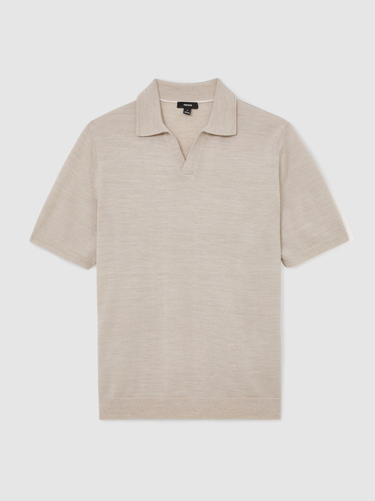 Reiss Stone Mouline Duchie Merino Wool Open-Collar Polo Shirt - Image 2 of 6 Reiss Stone Mouline Duchie Merino Wool Open-Collar Polo Shirt - Image 2 of 6
