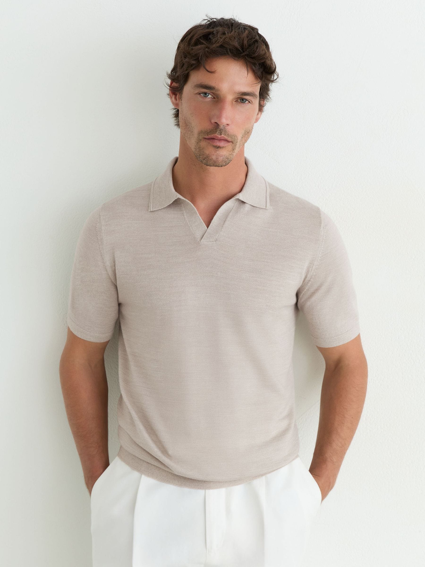 Buy Reiss Stone Mouline Duchie Merino Wool Open-Collar Polo Shirt