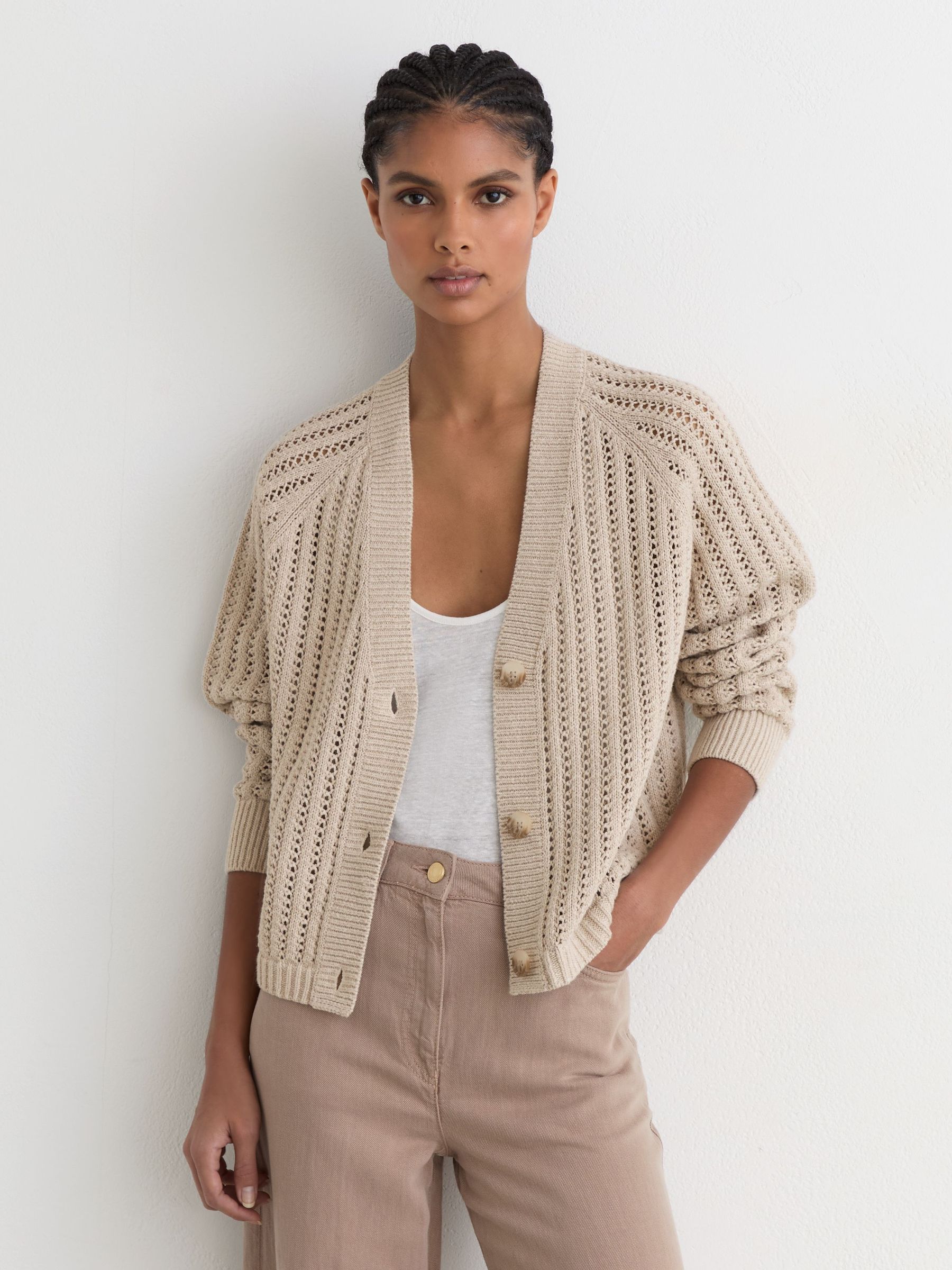 Buy Reiss Neutral Constance Cotton-Blend Open-Knit Cardigan from