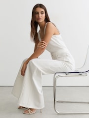 Reiss Cream Rose Wide-Leg Racer-Back Denim Jumpsuit - Image 4 of 7