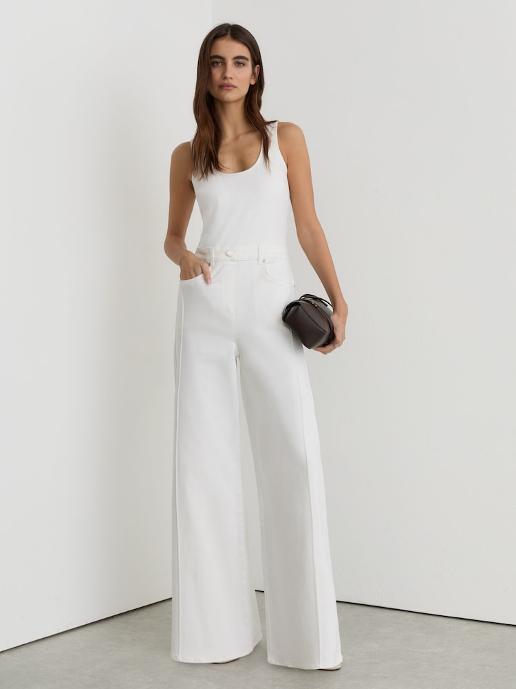 Reiss Cream Rose Petite Wide-Leg Racer-Back Denim Jumpsuit - Image 1 of 8