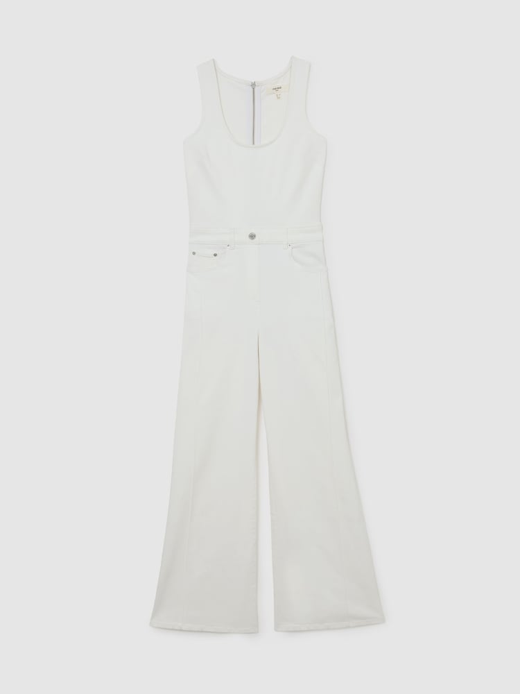 Reiss Cream Rose Petite Wide-Leg Racer-Back Denim Jumpsuit - Image 2 of 8