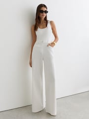 Reiss Cream Rose Petite Wide-Leg Racer-Back Denim Jumpsuit - Image 6 of 8