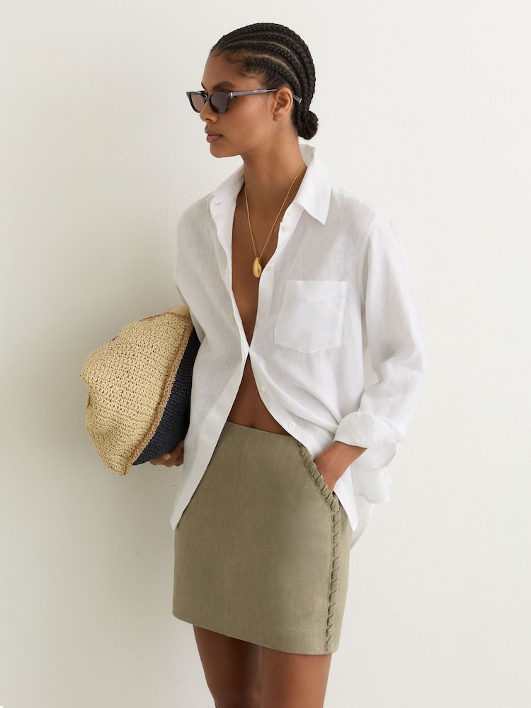 Reiss Khaki Green Nikita Linen Whipstitch Mini Skirt - Image 1 of 9