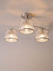 The Set 2 Pack Brushed Silver Ribbed Glass 3 Light Flush Ceiling Lights - Image 4 of 5