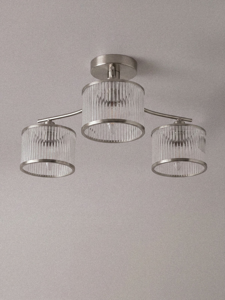 The Set 2 Pack Brushed Silver Ribbed Glass 3 Light Flush Ceiling Lights - Image 5 of 5 The Set 2 Pack Brushed Silver Ribbed Glass 3 Light Flush Ceiling Lights - Image 5 of 5