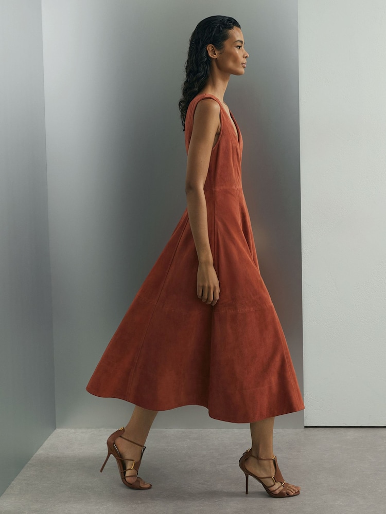 brown suede sleeveless dress Elan Faux Suede Sleeveless Collared Dress SU50312 Chocolate CHOCOLAT / L