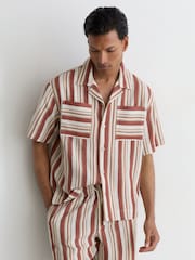 Reiss Red/Stone Celeste Striped Cuban-Collar Shirt - Image 1 of 5