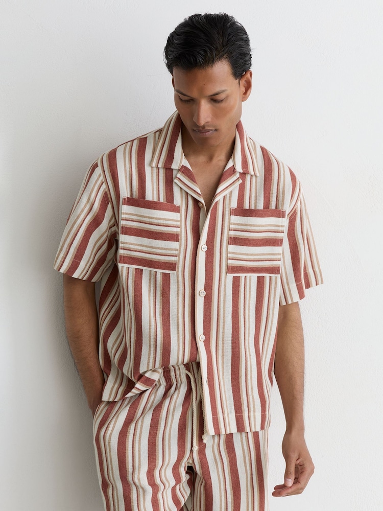 Reiss Red/Stone Celeste Striped Cuban-Collar Shirt - Image 1 of 5