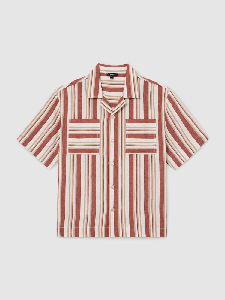 Reiss Red/Stone Celeste Striped Cuban-Collar Shirt - Image 2 of 5