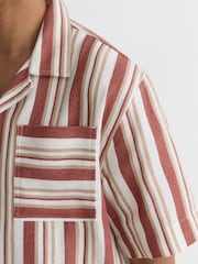 Reiss Red/Stone Celeste Striped Cuban-Collar Shirt - Image 4 of 5