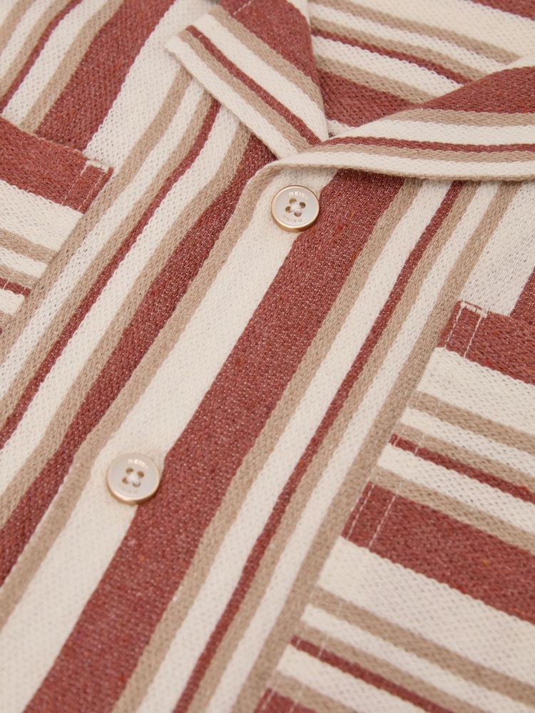 Reiss Red/Stone Celeste Striped Cuban-Collar Shirt - Image 5 of 5
