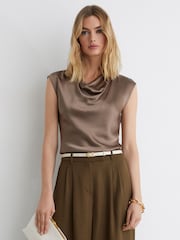 Reiss Taupe Brown Cate Silk Cowl-Neck Sleeveless Top - Image 1 of 6