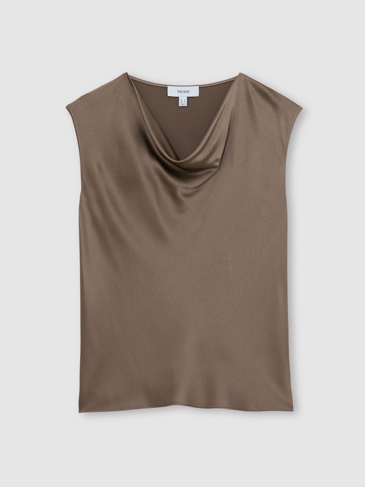 Reiss Taupe Brown Cate Silk Cowl-Neck Sleeveless Top - Image 2 of 6