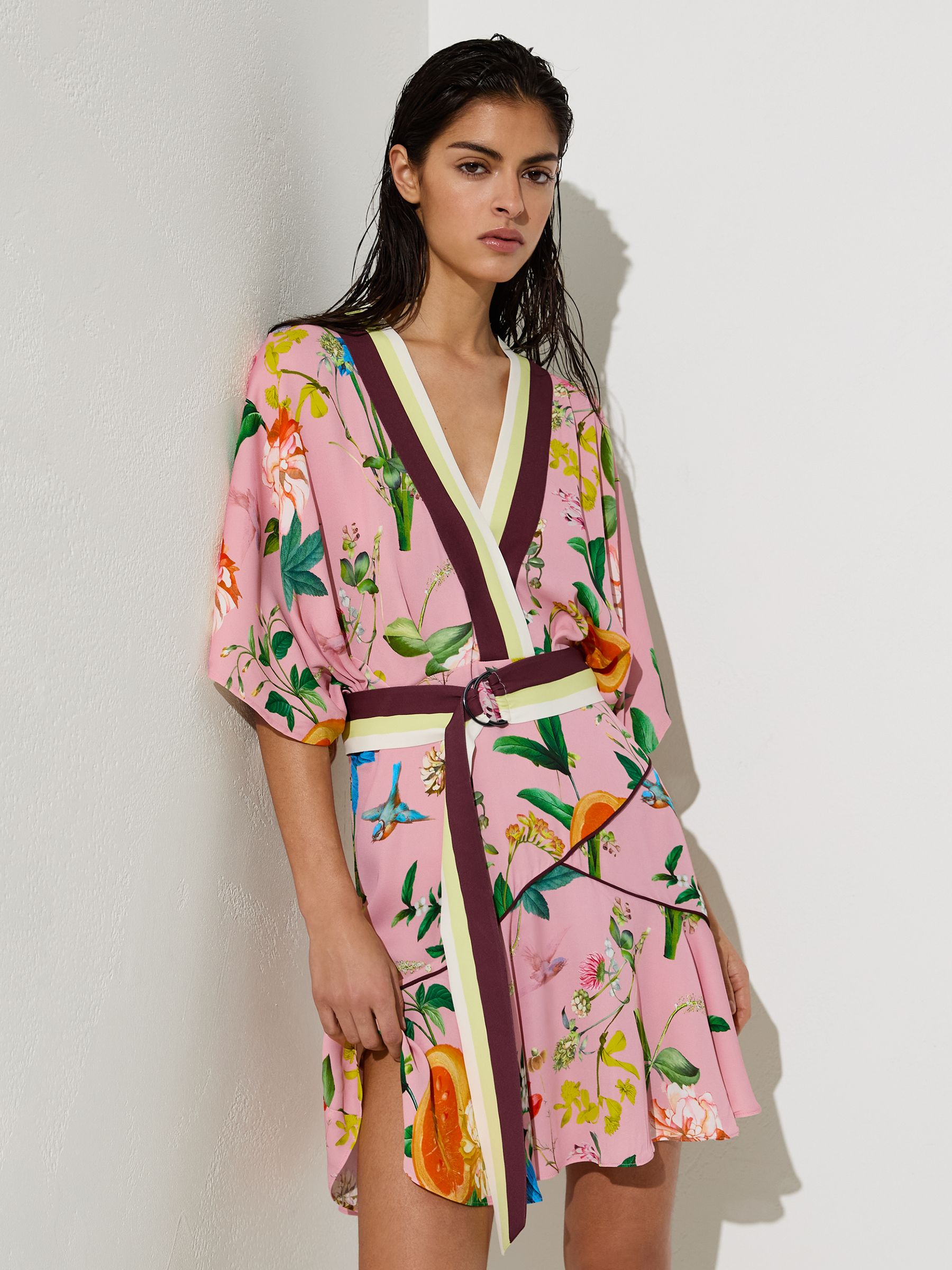 Buy Reiss Coral Orange Tessa Scarf-Print Belted Beach Mini Dress