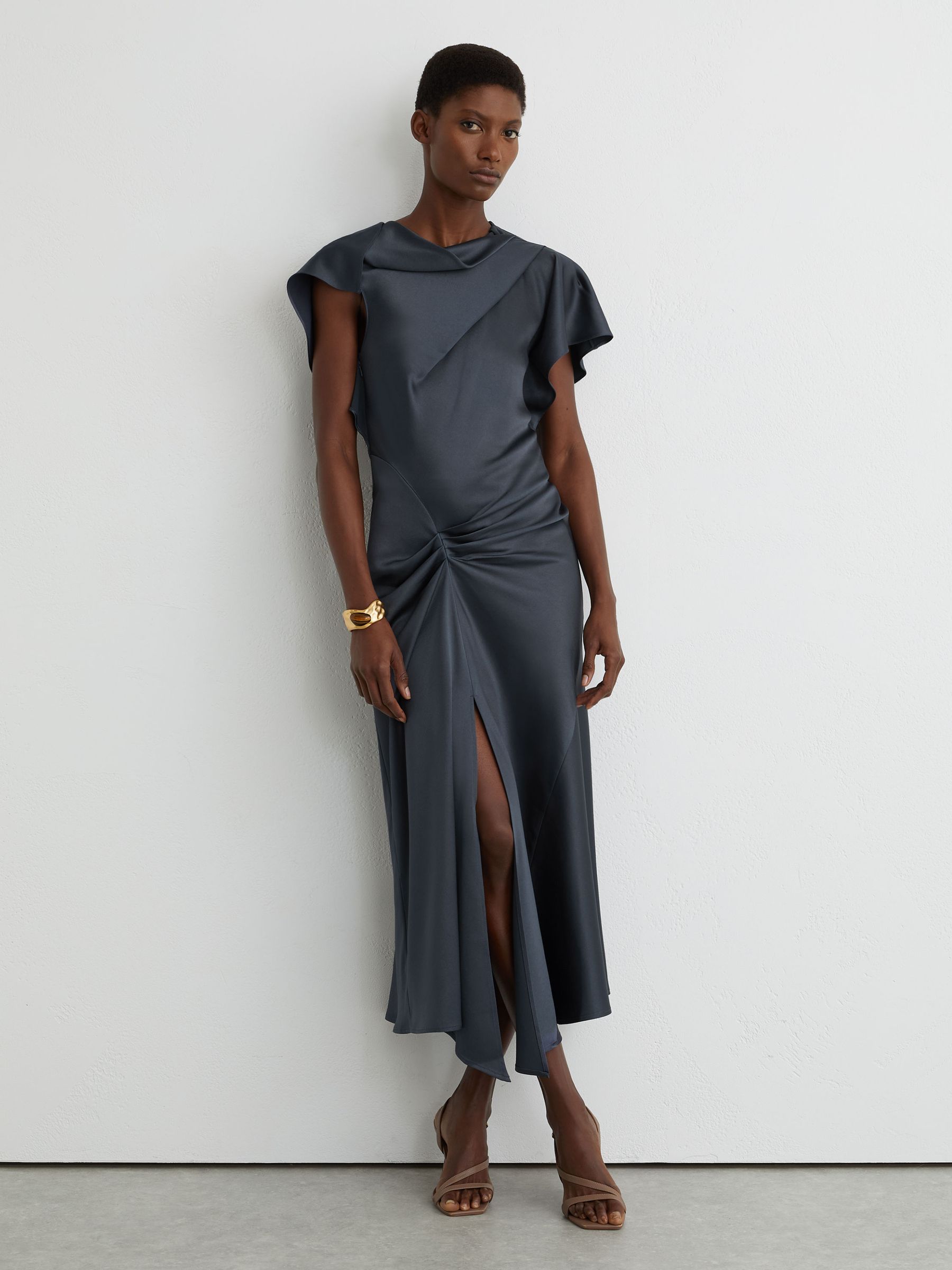 Reiss Sasha - Slate Grey Sasha Satin Drape-detail Midi Dress, 6 Reiss Sasha - Slate Grey Sasha Satin Drape-detail Midi Dress, 6