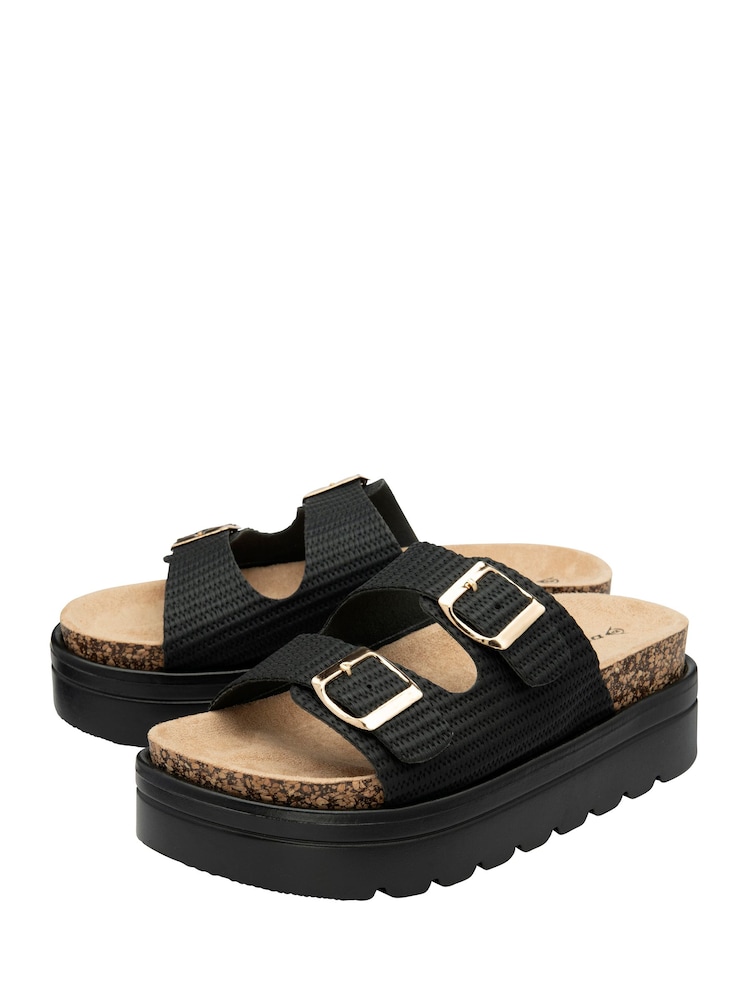 Dunlop Black Double Strap Footbed Wedge Mule Sandals - Image 2 of 4