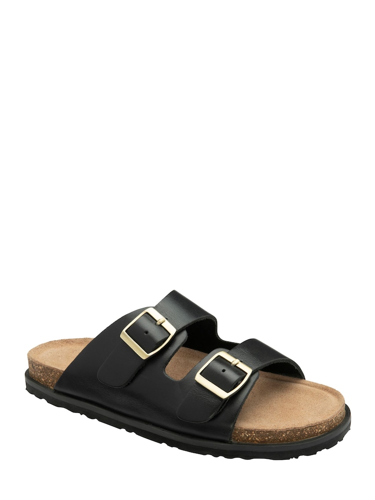 Dunlop Black Double Strap Leather Footbed Mule Sandals - Image 1 of 4