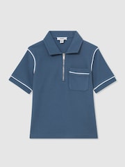 Reiss Blue Percy 9-13 yrs Cotton Textured-Knit Half-Zip Polo Shirt - Image 2 of 3