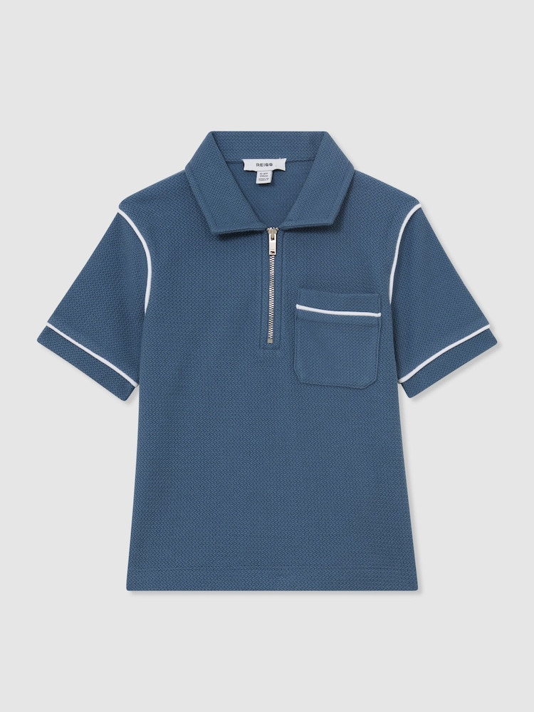 Reiss Blue Percy 9-13 yrs Cotton Textured-Knit Half-Zip Polo Shirt - Image 2 of 3 Reiss Blue Percy 9-13 yrs Cotton Textured-Knit Half-Zip Polo Shirt - Image 2 of 3