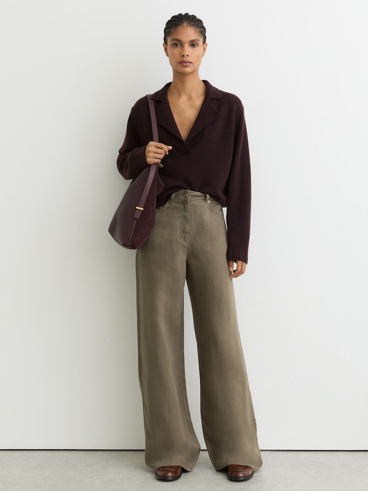 Reiss Khaki Green Carmen Lyocell-Linen Wide-Leg Trousers - Image 1 of 6