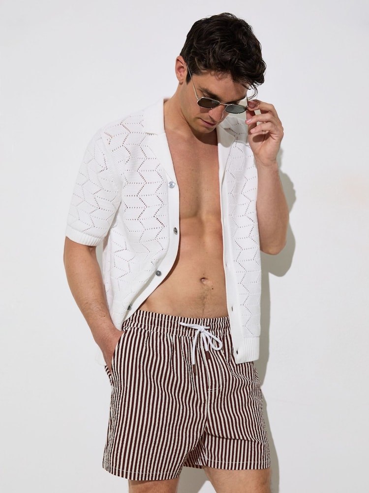 Reiss Brown/White Bay Seersucker Stripe Swim Shorts - Image 1 of 5 Reiss Brown/White Bay Seersucker Stripe Swim Shorts - Image 1 of 5