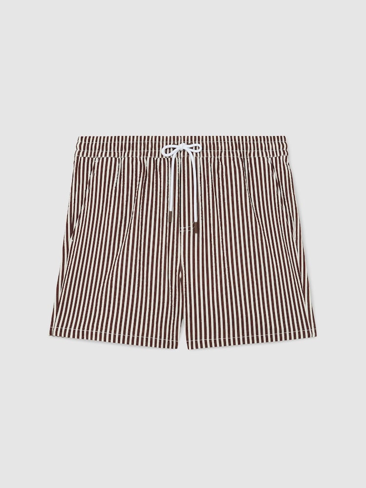 Reiss Brown/White Bay Seersucker Stripe Swim Shorts - Image 2 of 5 Reiss Brown/White Bay Seersucker Stripe Swim Shorts - Image 2 of 5