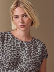 Grey Animal Print Soft Peplum Short Sleeve Top - Image 5 of 9