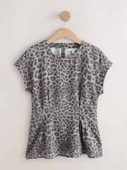Grey Animal Print Soft Peplum Short Sleeve Top - Image 6 of 9