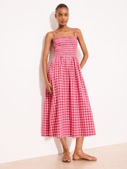 Lipsy Red/Pink Check Print Strappy Shirred Midi Dress - Image 1 of 5