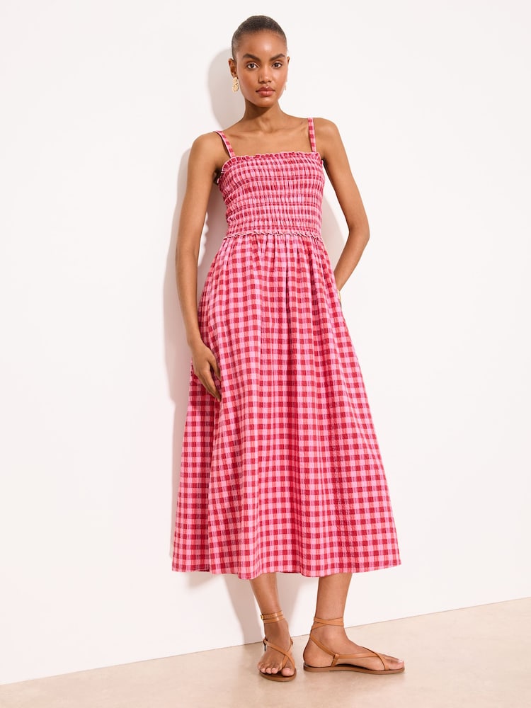 Lipsy Red/Pink Check Print Strappy Shirred Midi Dress - Image 1 of 5 Lipsy Red/Pink Check Print Strappy Shirred Midi Dress - Image 1 of 5