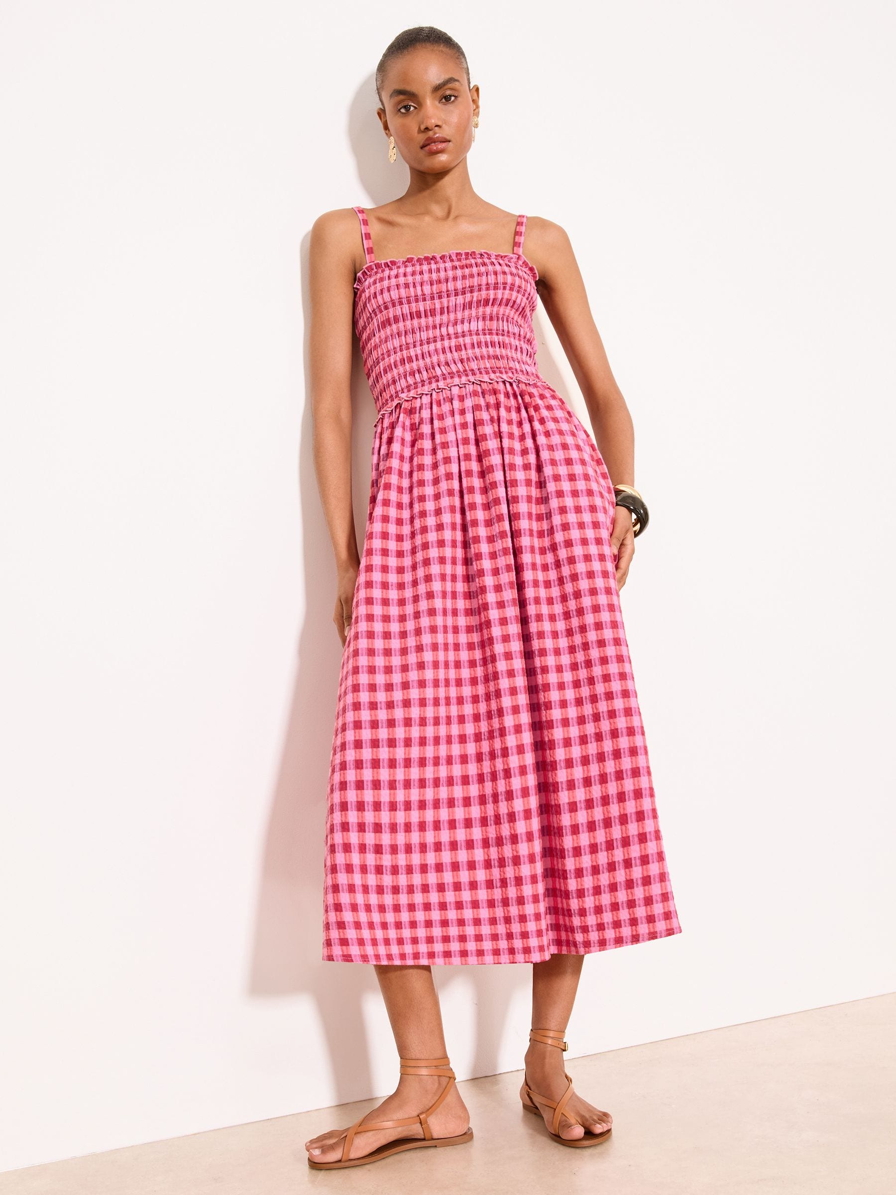 Buy Lipsy Red/Pink Gingham Check Print Strappy Shirred Midi Dress