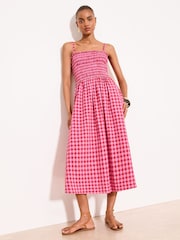 Lipsy Red/Pink Check Print Strappy Shirred Midi Dress - Image 2 of 5