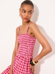 Lipsy Red/Pink Check Print Strappy Shirred Midi Dress - Image 3 of 5