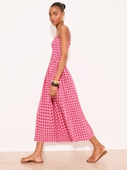 Lipsy Red/Pink Check Print Strappy Shirred Midi Dress - Image 4 of 5
