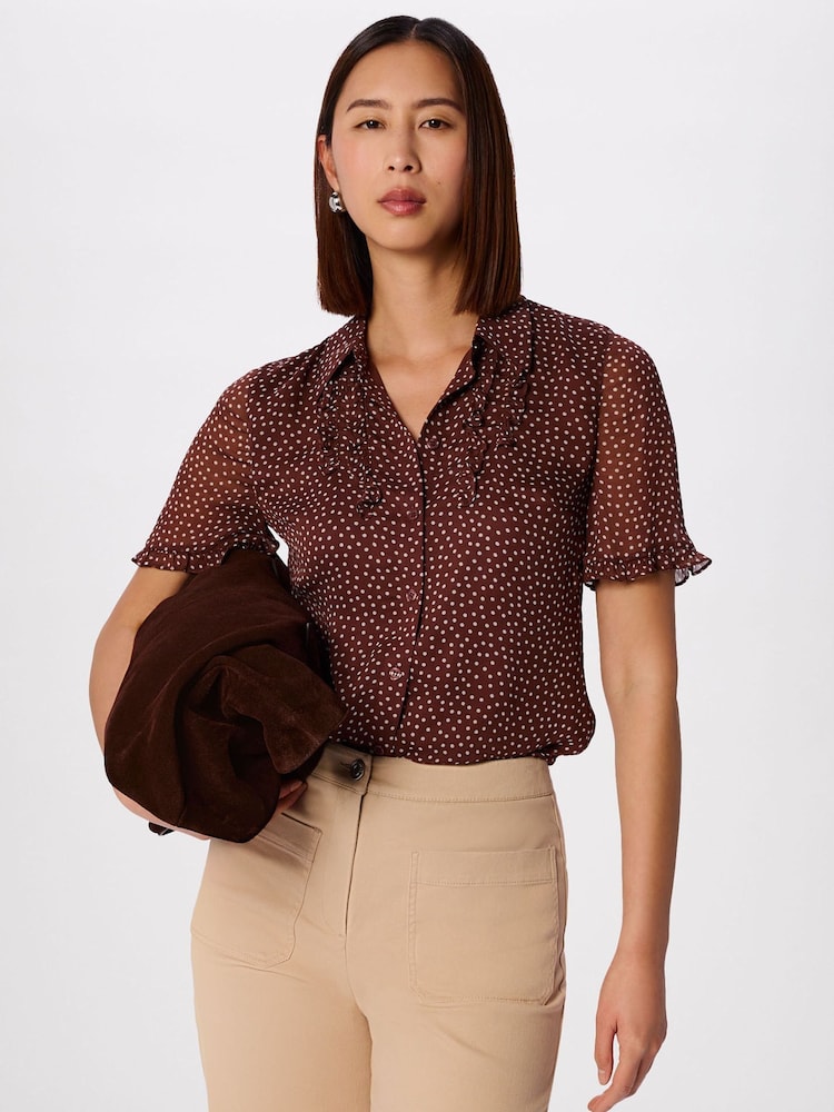 Whistles Brown Polka Dot Sheer Sleeve Shirt - Image 1 of 6
