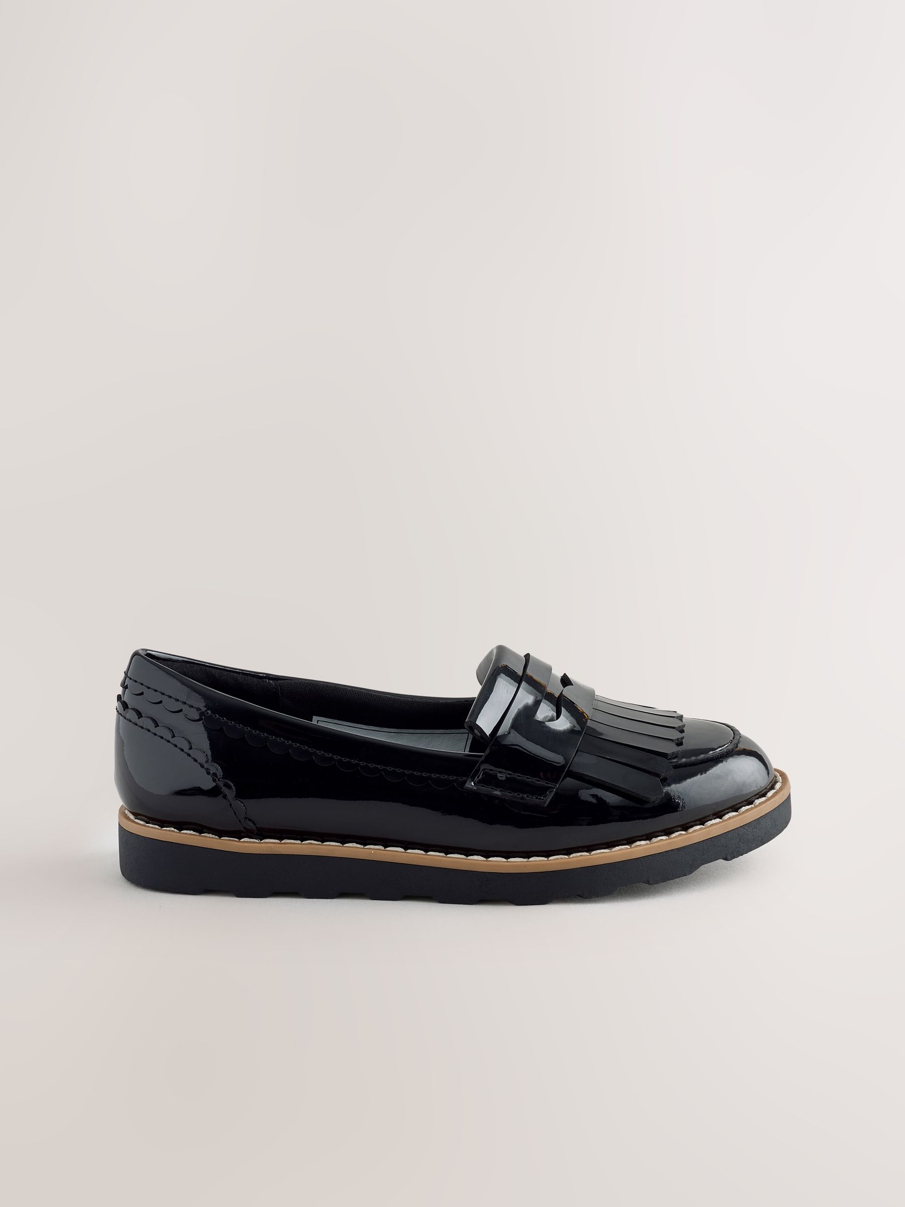 Buy Black Patent Narrow Fit (E) Fringe Loafer School Shoes from