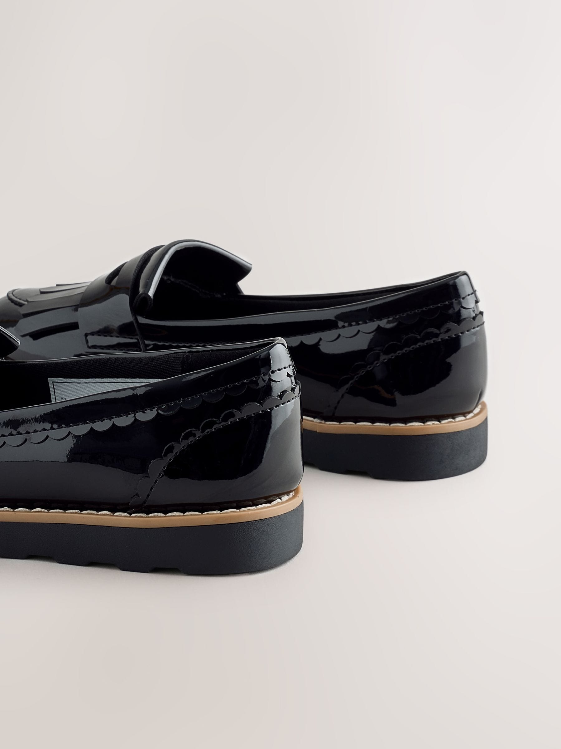 Buy Black Patent Narrow Fit (E) Fringe Loafer School Shoes from