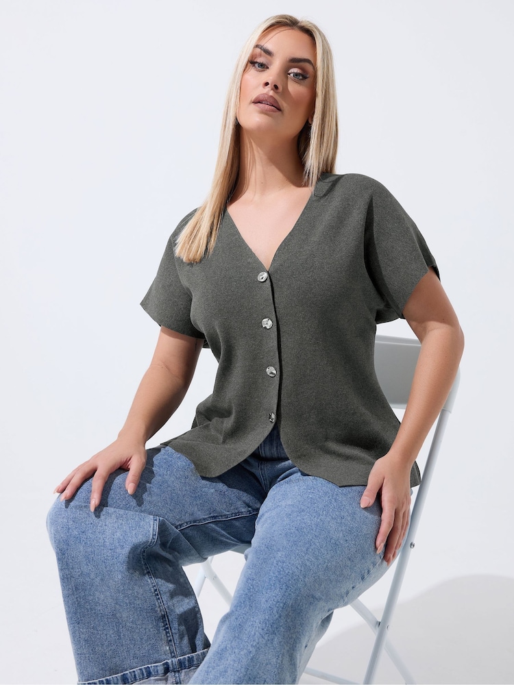 Gri - Yours Curve Limited Double Button Knitted Blouse - Imaginea 1 din 6