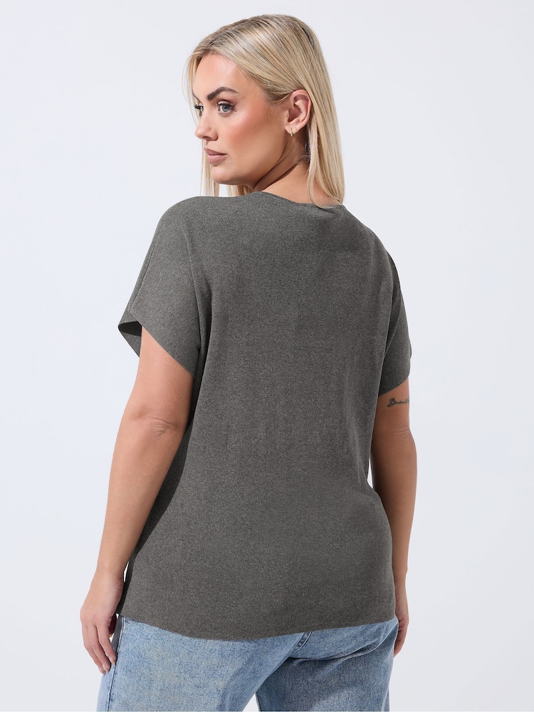 Gri - Yours Curve Limited Double Button Knitted Blouse - Imaginea 2 din 6