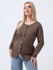 Yours Curve Brown Limited Long Sleeve Button Knitted Top - Image 1 of 5