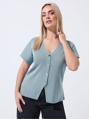 Albastru - Yours Curve Limited Double Button Knitted Blouse - Imaginea 1 din 5