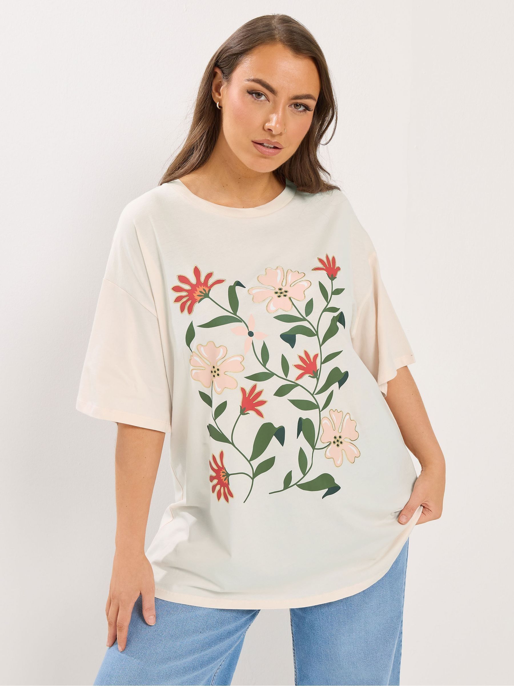 Yours Curve Women's Pink Floral Print T-Shirt - Image 1