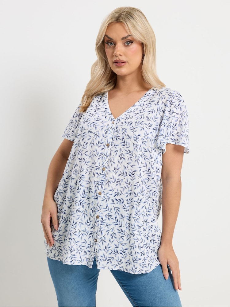 Yours Curve Blue Linen Blend Short Sleeve Blouse - Image 1 of 5