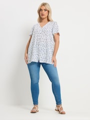 Yours Curve Blue Linen Blend Short Sleeve Blouse - Image 2 of 5