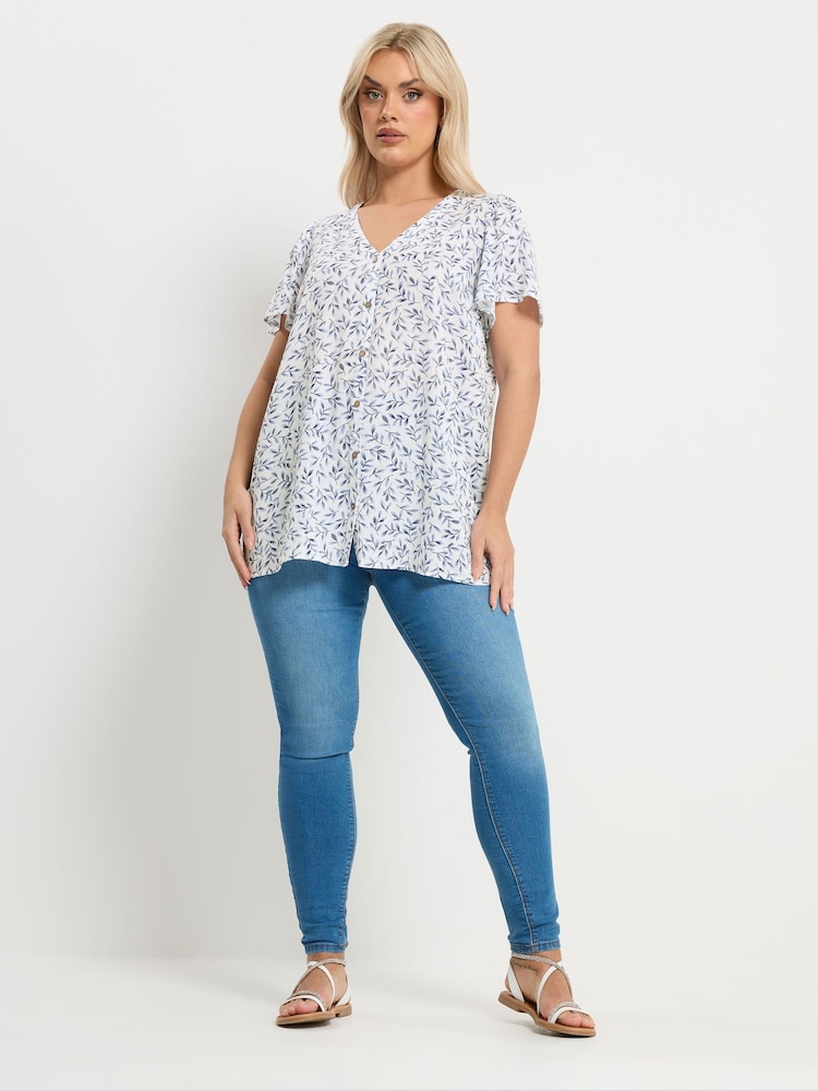Yours Curve Blue Linen Blend Short Sleeve Blouse - Image 2 of 5