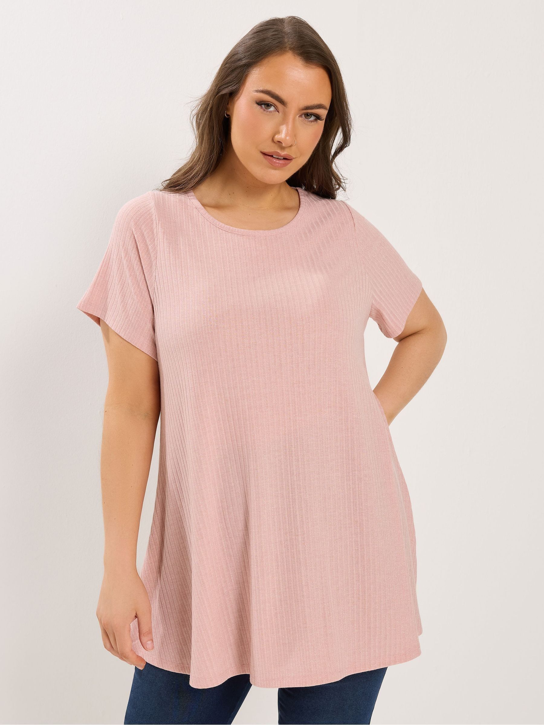 Yours Curve Women's Pink Shimmer Ribbed Swing T-Shirt