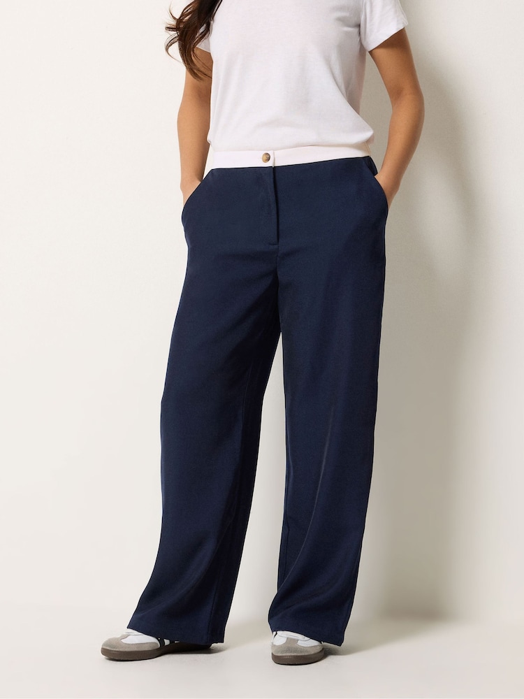 PixieGirl Petite Blue Button Detail Contrast Waist Wide Leg Trousers - Image 2 of 6