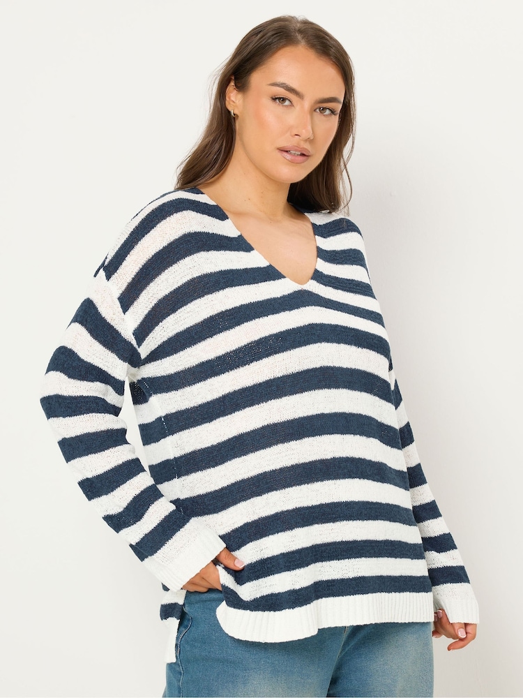 Yours Curve Blue Tape Yarn Stripe Jumper - Image 1 of 5